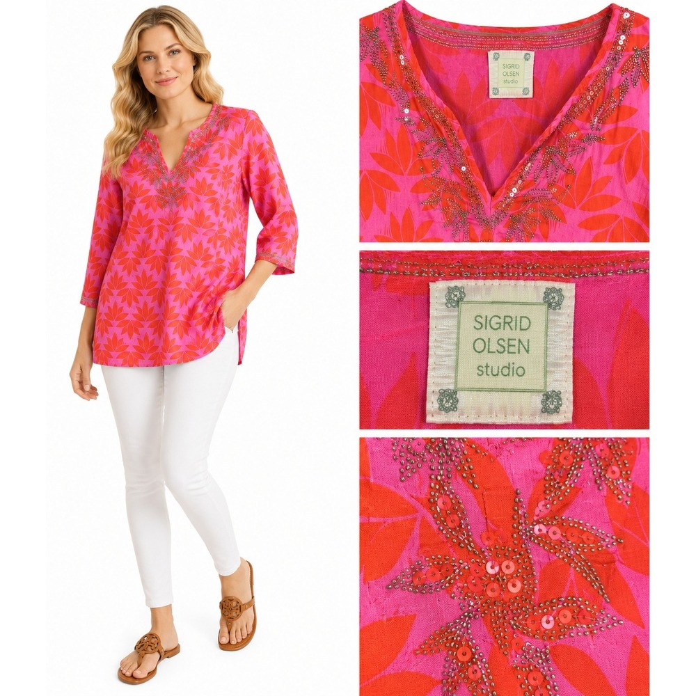 Sigrid Olsen Top M Coastal Resort Festival Floral Studio Sequin V-Neck Boho